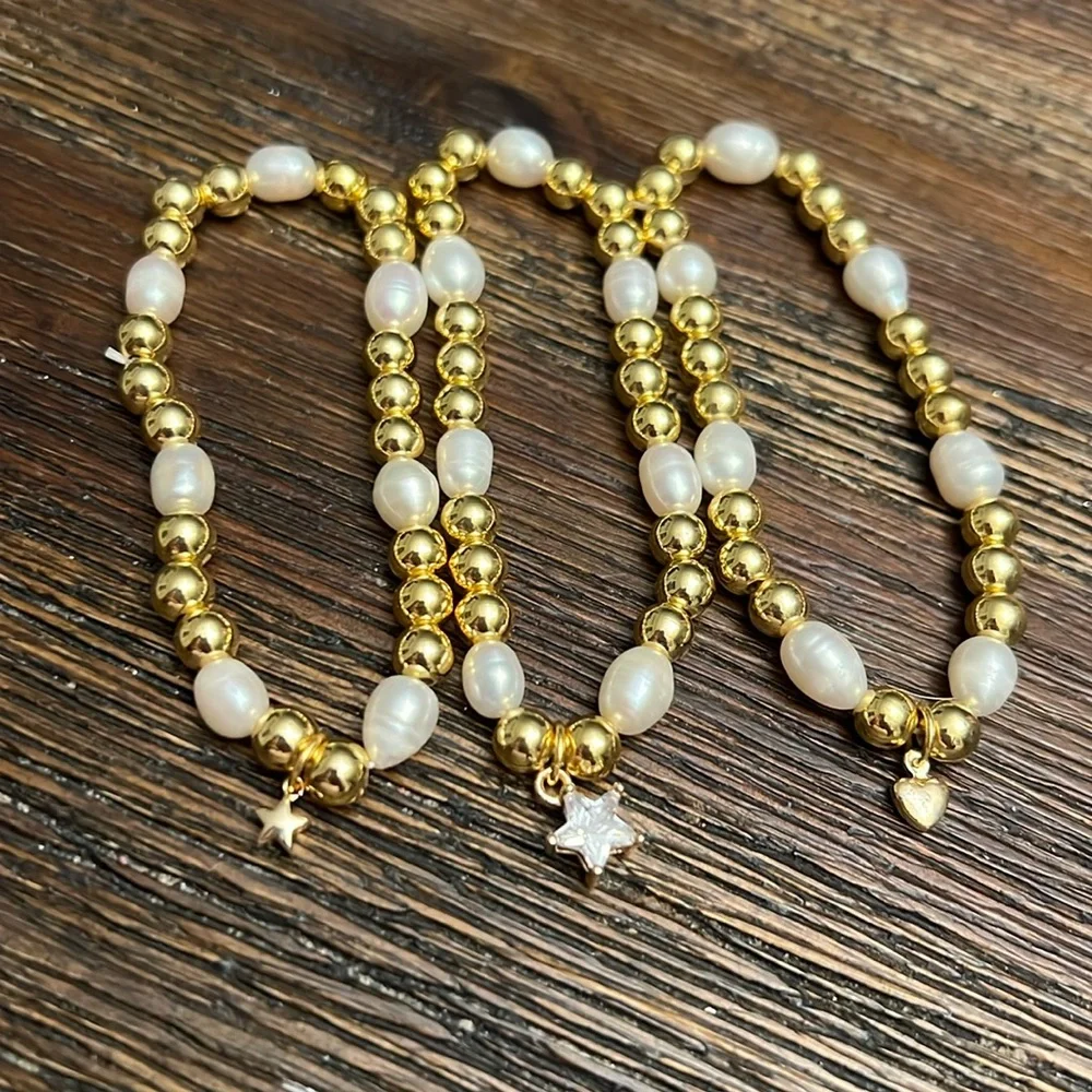 Petit Moments Beaded Charm Bracelets - White & Gold Set Of 3 New